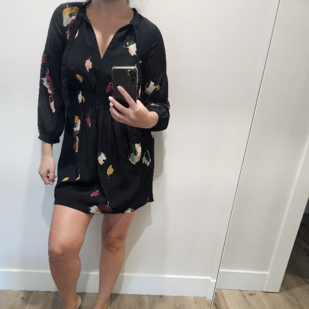 Madewell Black Bishop Sleeve V-Neck Dress